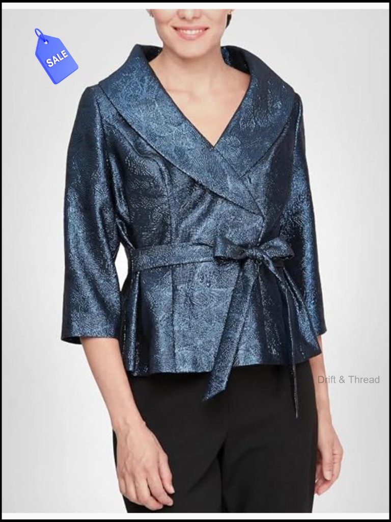 3/4 Sleeve Portrait Collar Blouse Tie Belt Stretch Jacquard
